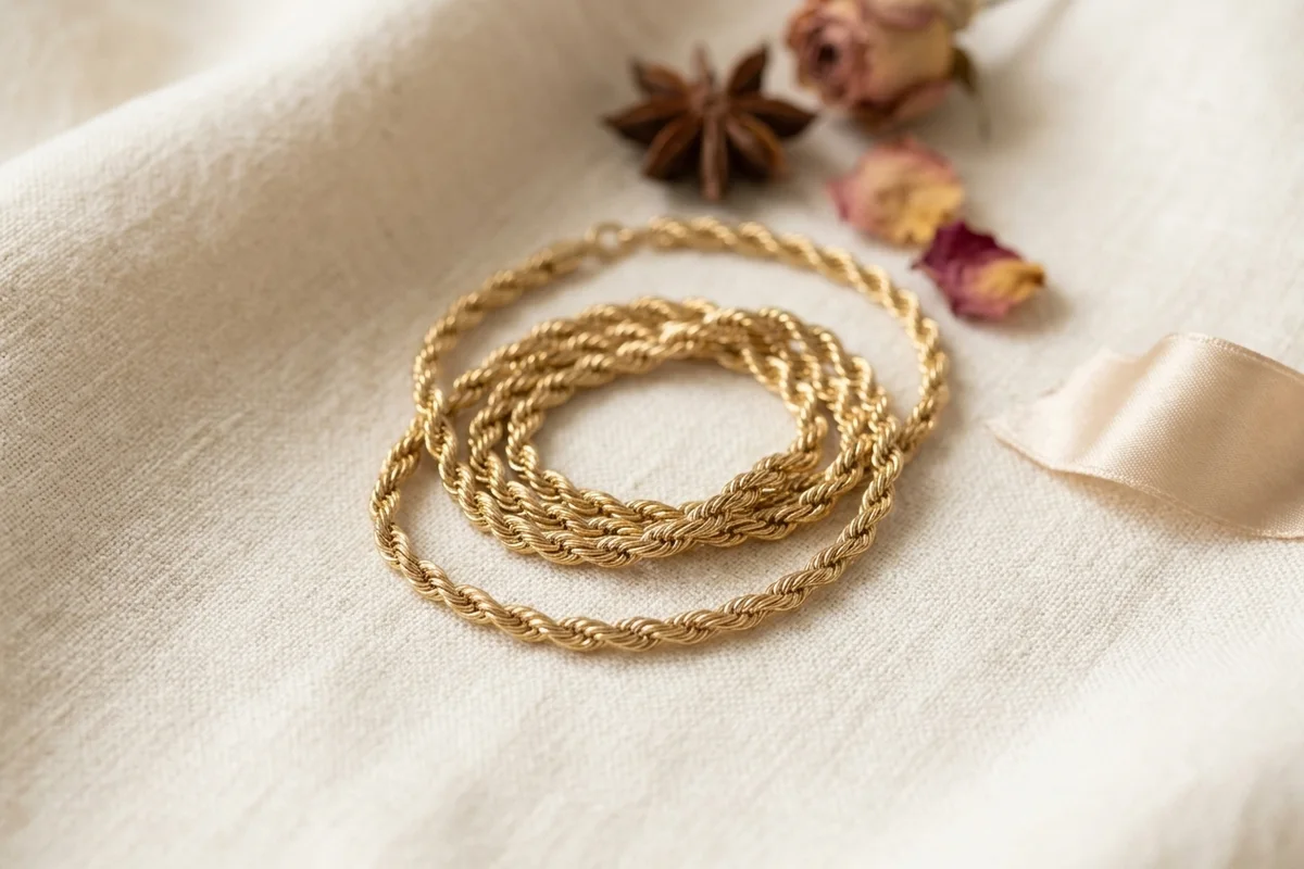 Affordable gold-tone rope chain necklace that resists tarnish, on linen