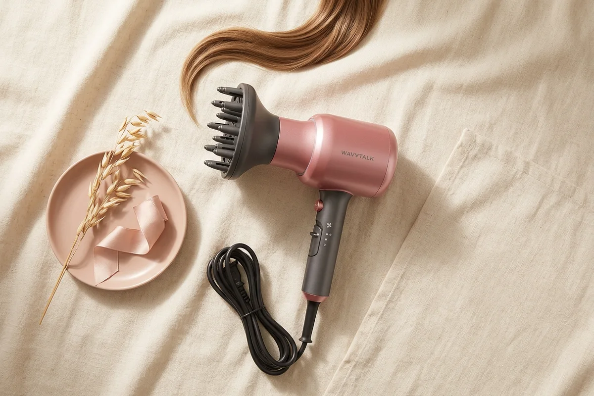 A pink ionic hair dryer with a diffuser on a linen surface