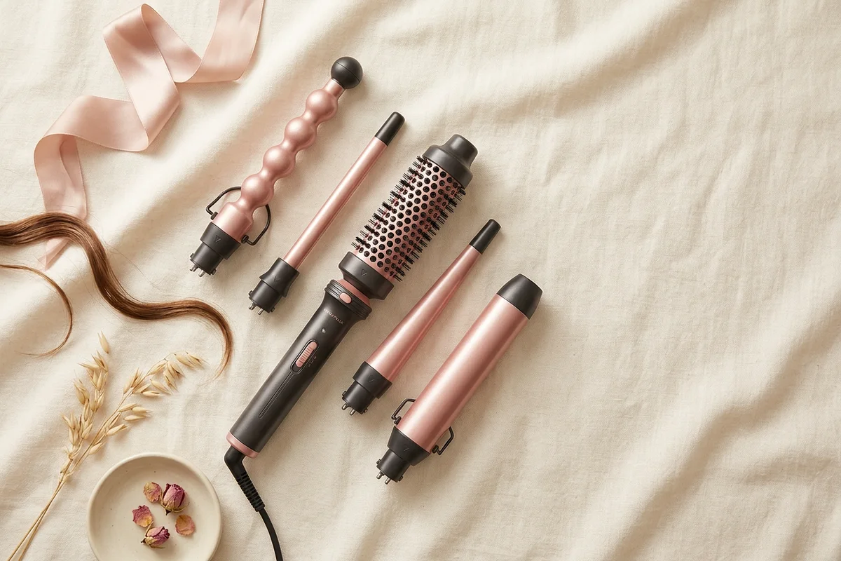 A ceramic curling wand with a tapered barrel on a linen surface