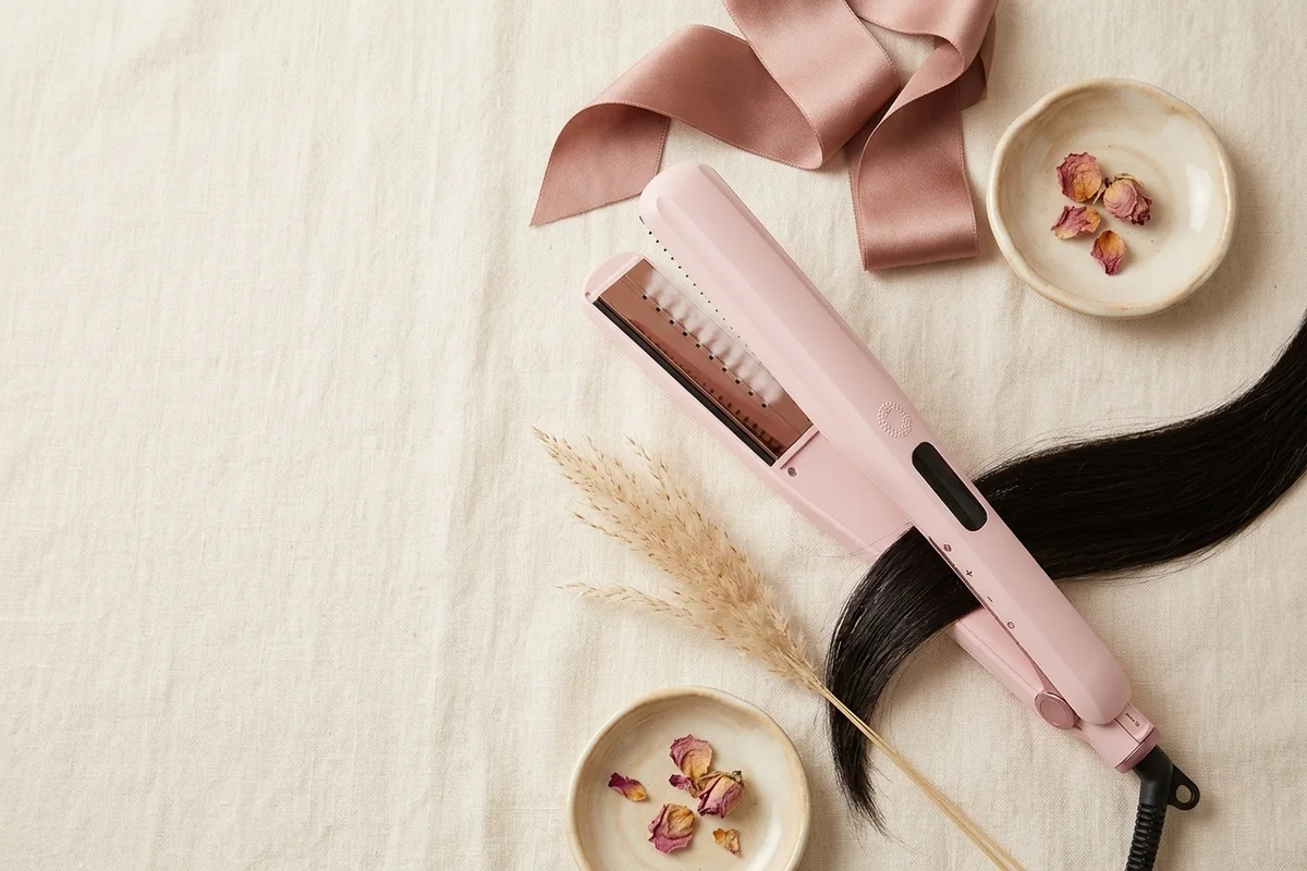 A ceramic flat iron hair straightener on a linen surface
