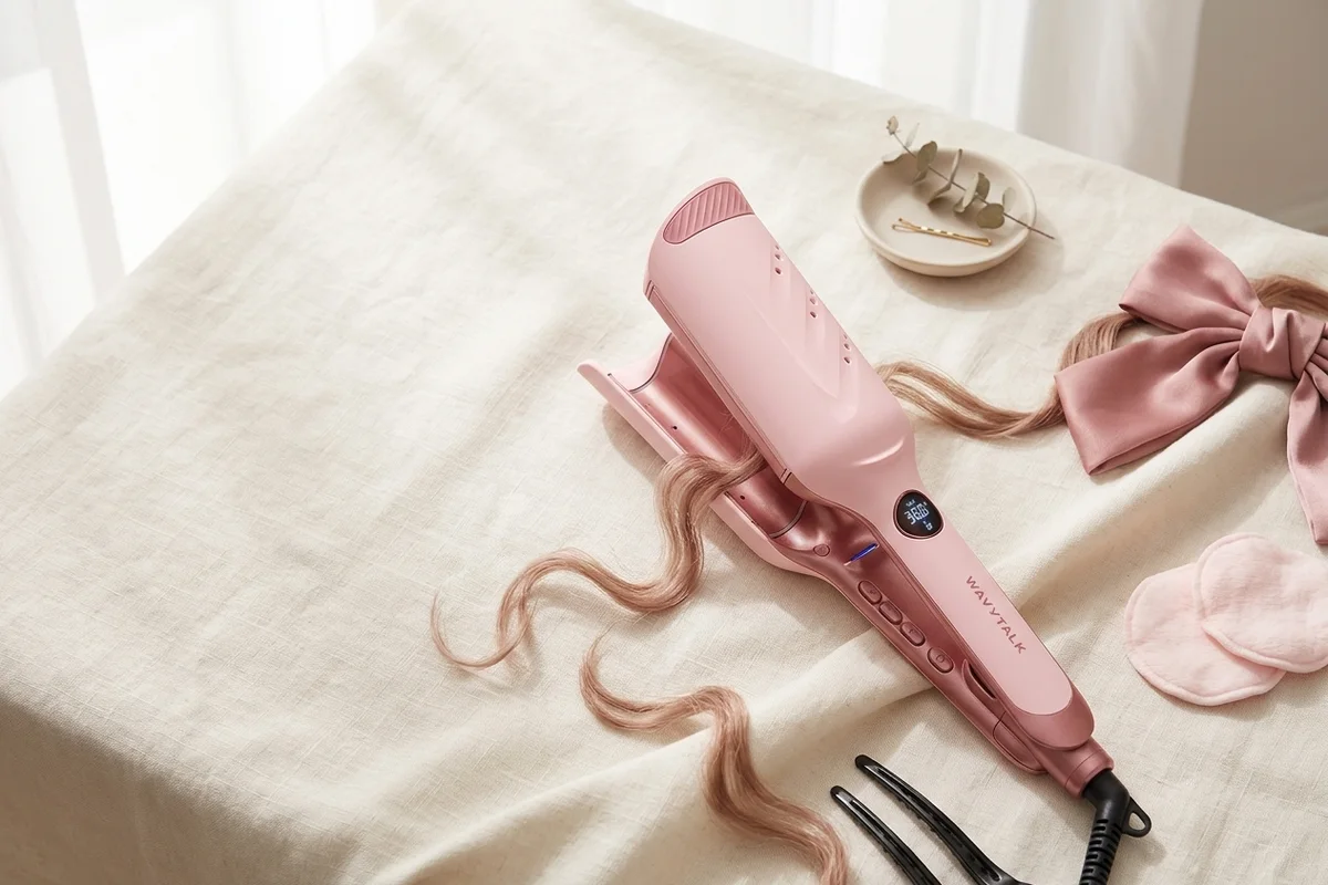 A pink dual-barrel hair waver for creating soft beach waves