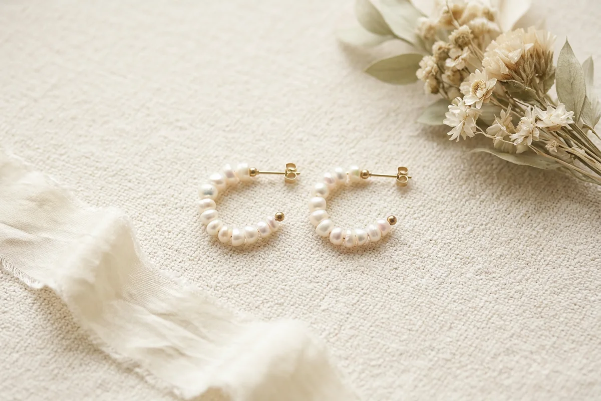 Hypoallergenic freshwater pearl hoop earrings on a linen background