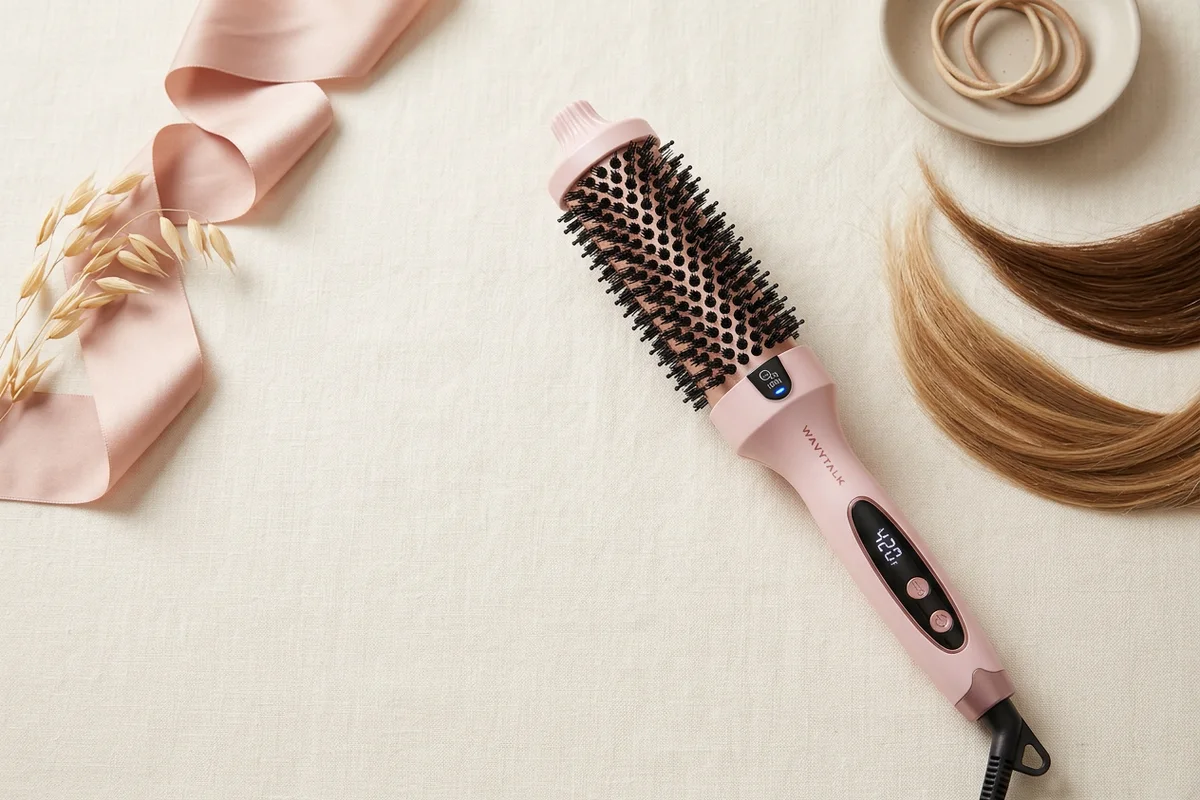 A pink heated round hair brush on a linen surface
