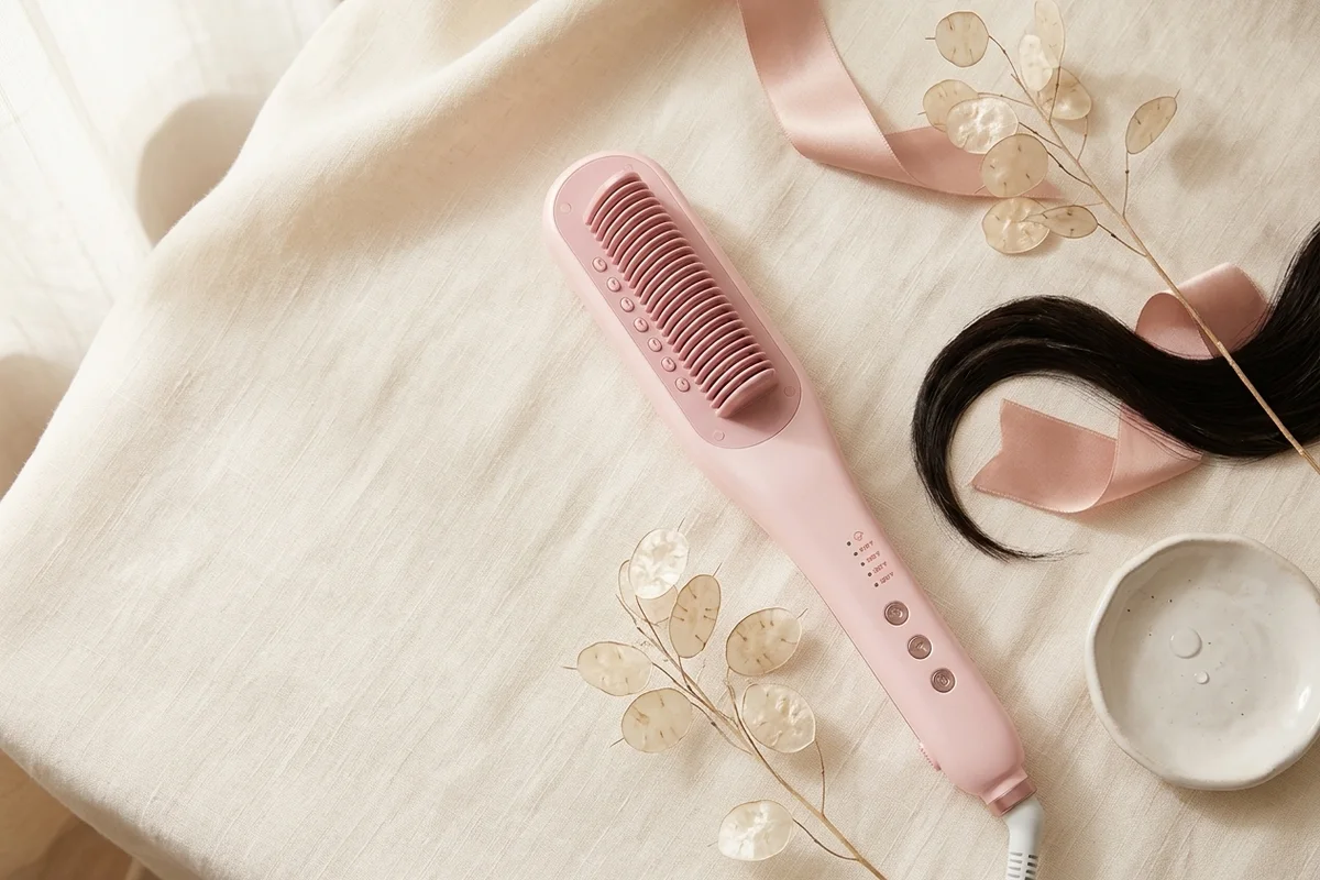A pink ceramic steam straightening hair brush on a linen surface