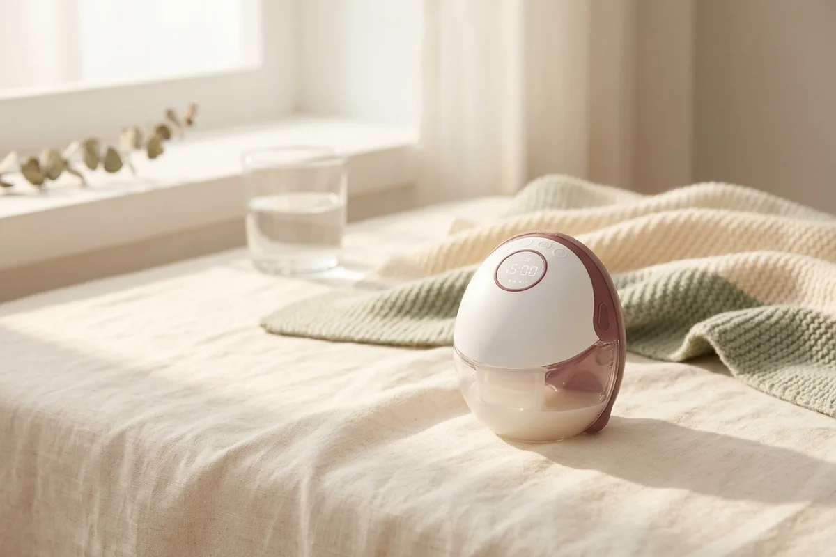 Flat-lay of hands-free wearable breast pumps and collection cups