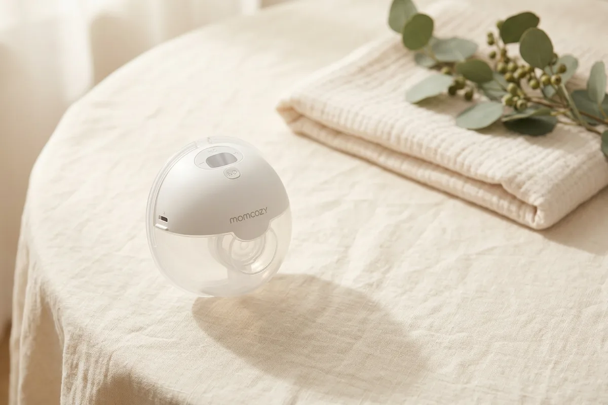 Wearable, portable and traditional breast pumps laid out on a soft neutral background