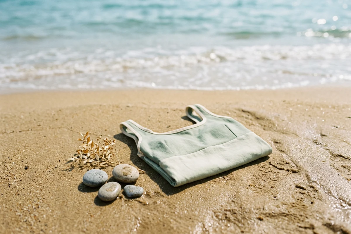 Calm ocean water at the shoreline under a bright sky