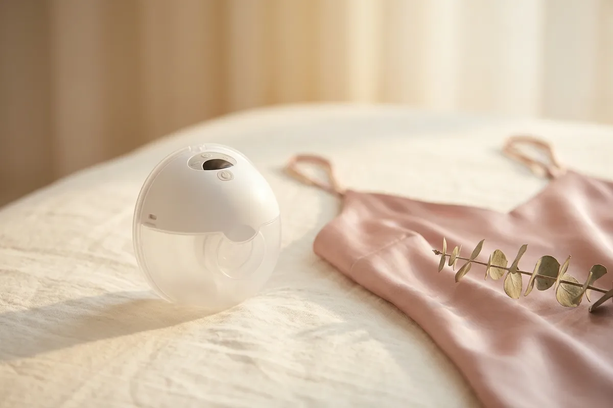Elvie wearable breast pump cups beside a phone showing the Elvie app