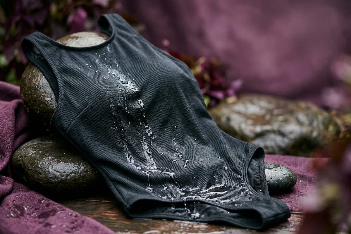 Flat-lay of high-capacity period swimsuits and a menstrual disc