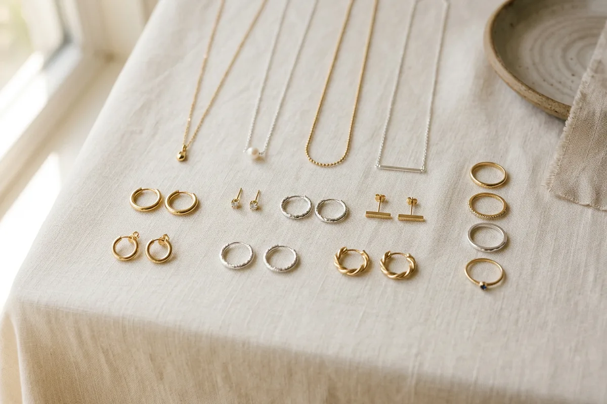 Flat-lay of waterproof stainless steel and gold-tone jewelry laid out for a small boutique