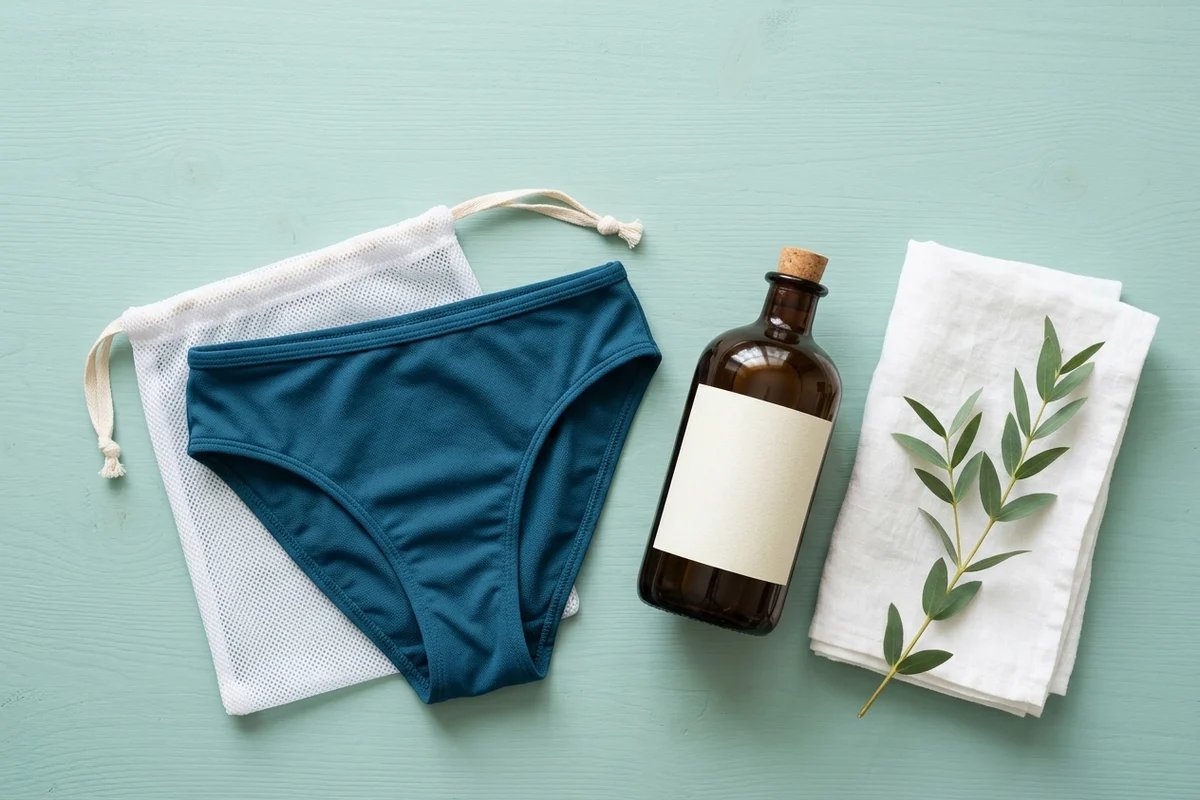 Period swimsuit air-drying on a rack beside a mesh wash bag and gentle detergent