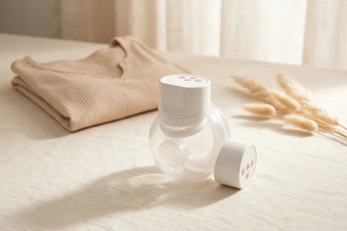 Tragbare Milchpumpe und Zubehör auf einem hellen Tisch