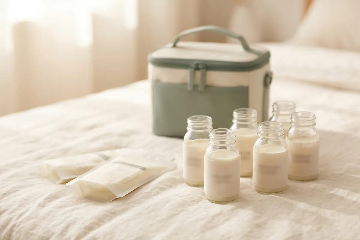 Beschriftete Muttermilch-Aufbewahrungsbeutel und eine Kühltasche auf einem hellen Tisch
