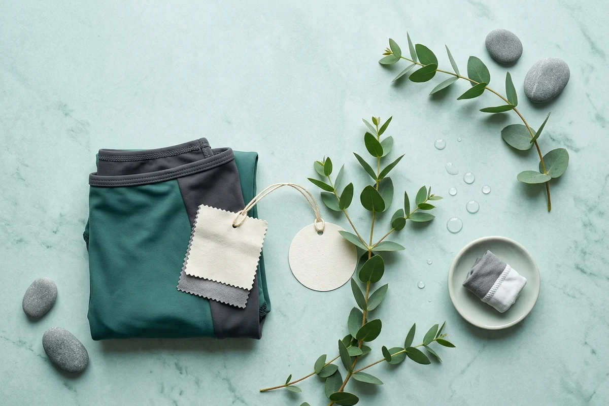 Flat-lay of period swimsuits beside an OEKO-TEX fabric tag and a lab test report