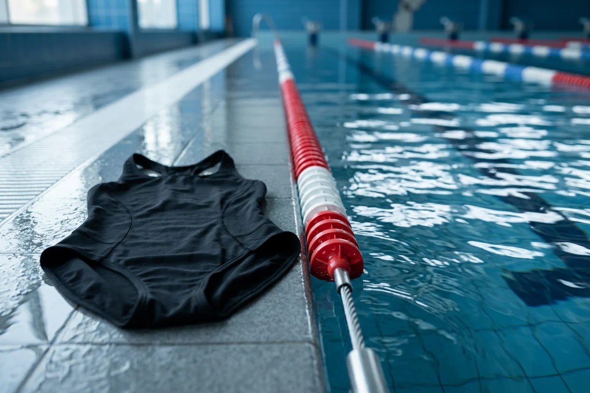 A thin period swim bottom laid flat next to a tight regulation racing suit