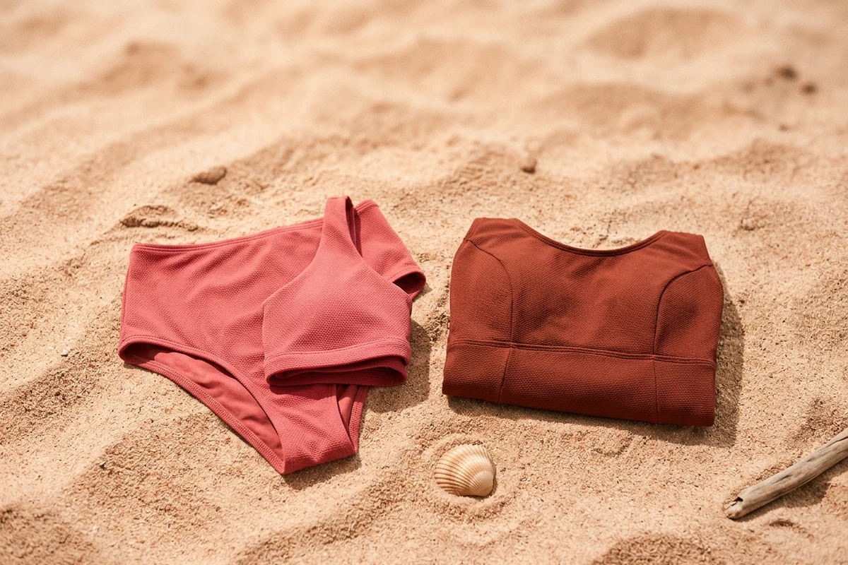 Periodenbikini-Slip und Periodenbadeanzug nebeneinander auf einem hellen Strandtuch