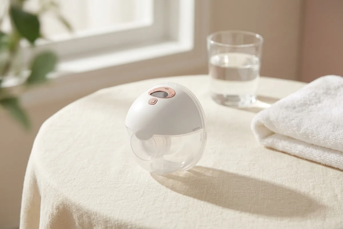 A hospital-grade multi-user rental breast pump beside a personal wearable pump