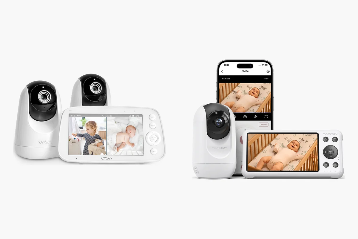 VAVA split-screen baby monitor with two cameras next to the Momcozy BM04 monitor, camera and phone app
